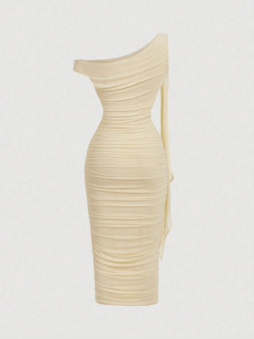 MOD Women's Solid Color Asymmetric Neck Ruched Slim Fit Elegant Mid-Length Dress