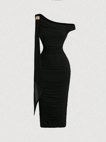 MOD Women's Solid Color Asymmetric Neck Ruched Slim Fit Elegant Mid-Length Dress