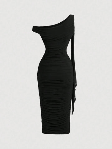 MOD Women's Solid Color Asymmetric Neck Ruched Slim Fit Elegant Mid-Length Dress