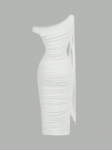 MOD Women's Elegant Asymmetric Neck Ruched Fitted Mid-Length Dress