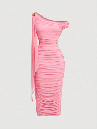 Women's Elegant Asymmetric Neck Ruched Fitted Mid-Length Dress