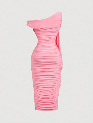 Women's Elegant Asymmetric Neck Ruched Fitted Mid-Length Dress