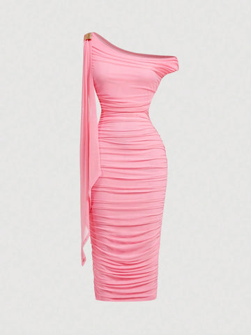 MOD Women's Solid Color Asymmetric Neck Ruched Slim Fit Elegant Mid-Length Dress