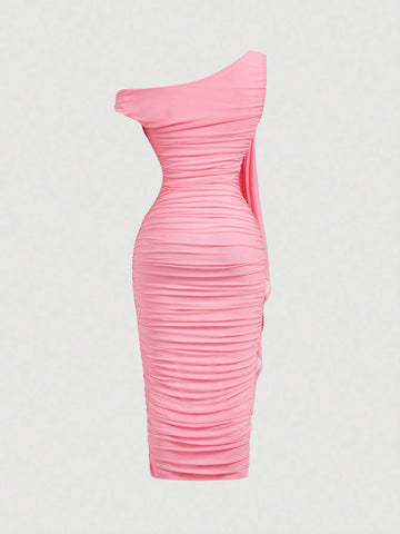 MOD Women's Solid Color Asymmetric Neck Ruched Slim Fit Elegant Mid-Length Dress