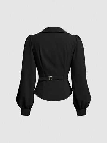 MOD Women's V Neck Wrap Front Blouse With Lantern Sleeve