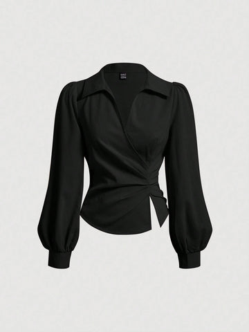 MOD Women's V Neck Wrap Front Blouse With Lantern Sleeve