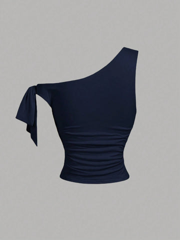 MOD Women's Asymmetric Neck Metal Floral Decor Top