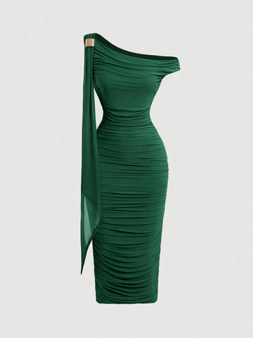 MOD Mid-Length Women's Solid Color Asymmetric Neck Ruched Dress