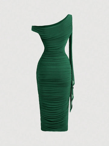MOD Mid-Length Women's Solid Color Asymmetric Neck Ruched Dress