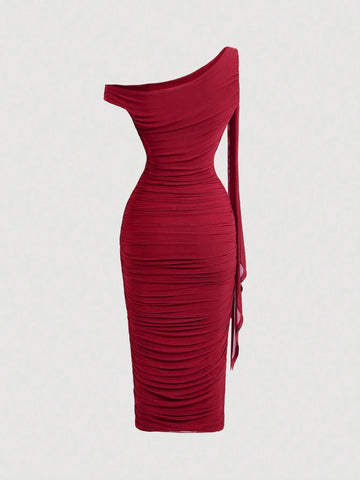 MOD Women's Elegant Asymmetric Neck Ruched Fitted Mid-Length Dress