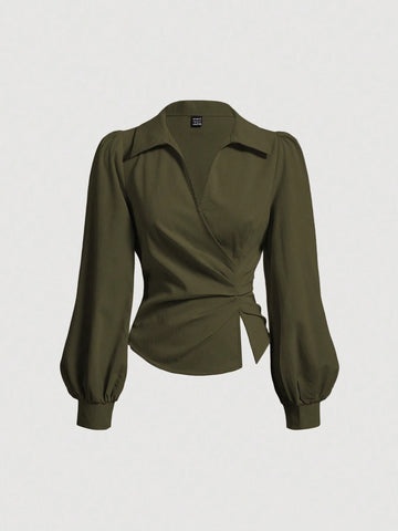 MOD Women's V Neck Wrap Front Blouse With Lantern Sleeve