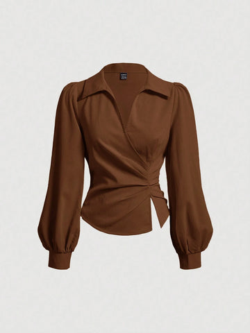 MOD Women's V Neck Wrap Front Blouse With Lantern Sleeve