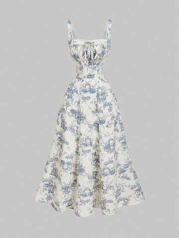 MOD Square Neck Lace Front Panel Gathered Back Tie Floral Dress