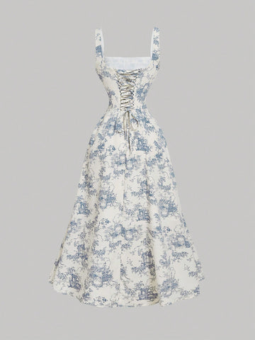 MOD Square Neck Lace Front Panel Gathered Back Tie Floral Dress