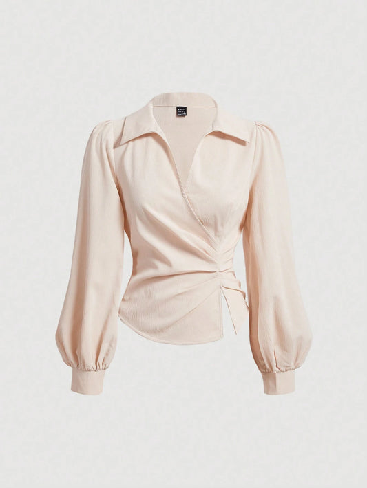 MOD Women's V Neck Wrap Front Blouse With Lantern Sleeve