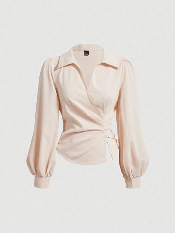 MOD Women's V Neck Wrap Front Blouse With Lantern Sleeve