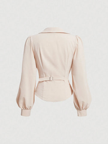 MOD Women's V Neck Wrap Front Blouse With Lantern Sleeve