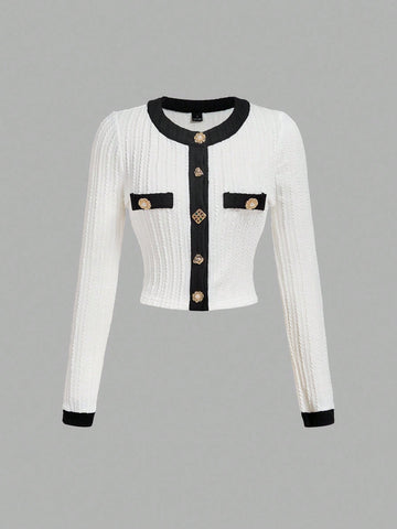 Round Neck Metal Button Bell Sleeve T-Shirt