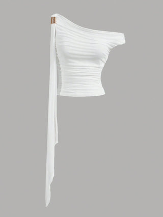 Asymmetrical Vintage Metal Decor Ruffle 70s Top