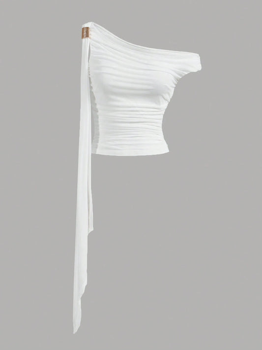 Asymmetrical Vintage Metal Decor Ruffle 70s Top