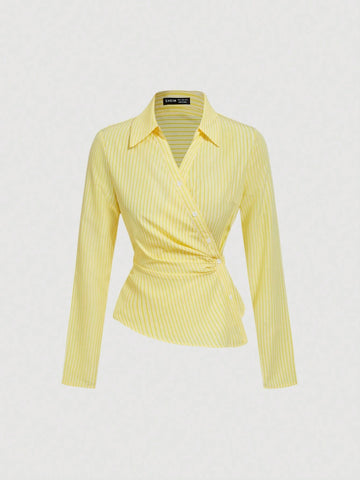 Striped Turndown Collar Fold-Over Long Sleeve Top