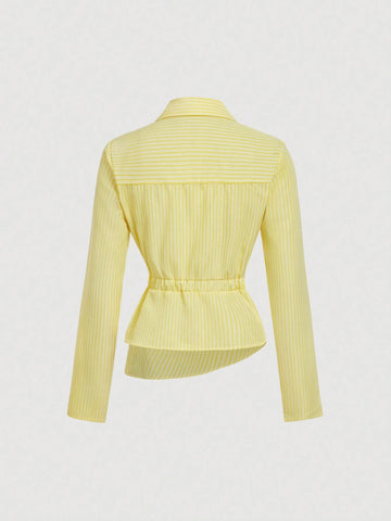 Striped Turndown Collar Fold-Over Long Sleeve Top