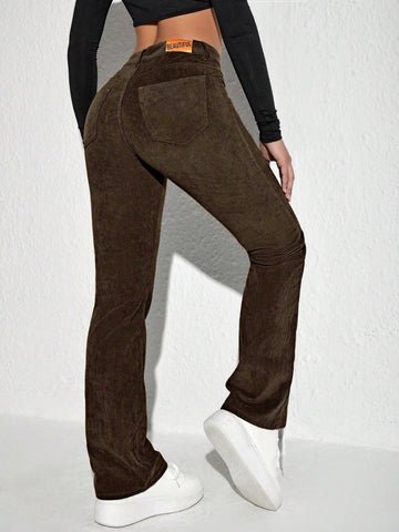 MOOSTA Letter Patched Flare Leg Corduroy Pants