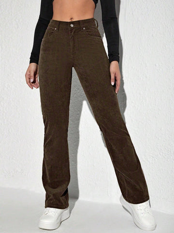 MOOSTA Letter Patched Flare Leg Corduroy Pants