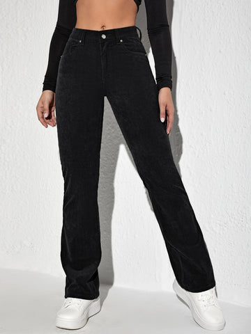 MOOSTA Letter Patched Flare Leg Corduroy Pants