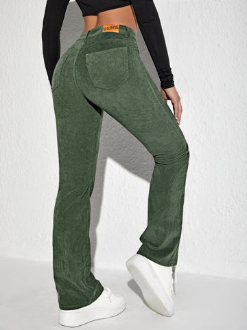 MOOSTA Letter Patched Flare Leg Corduroy Pants