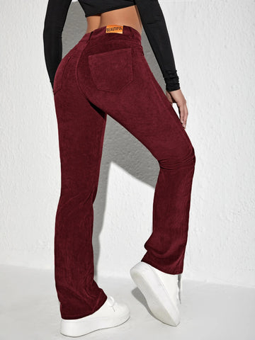 MOOSTA Letter Patched Flare Leg Corduroy Pants