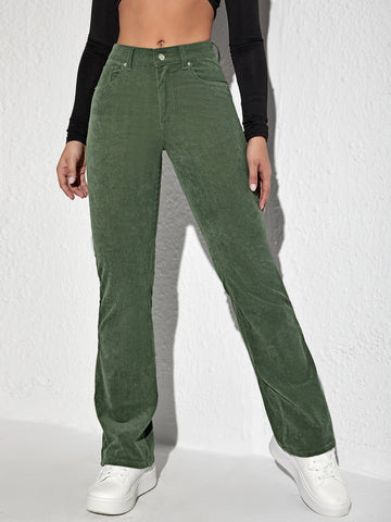 MOOSTA Letter Patched Flare Leg Corduroy Pants