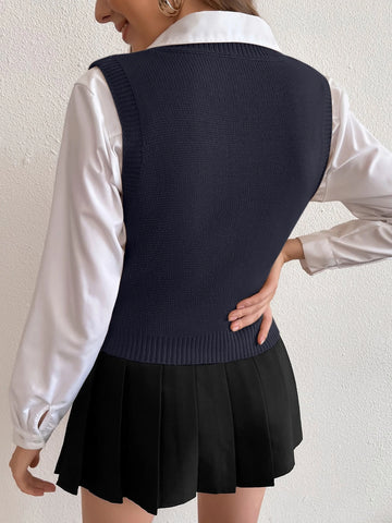 Women's Solid V-Neck Casual Comfortable Knitted Sweater Vest