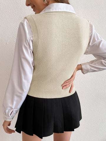 Women's Solid V-Neck Casual Comfortable Knitted Sweater Vest