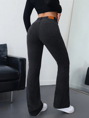 MOOSTA Letter Patched Flare Leg Corduroy Pants