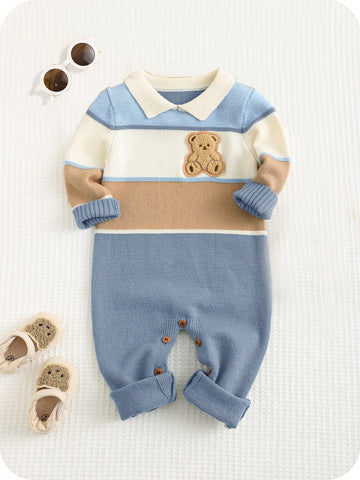 Colorblock Cartoon Pattern Polo Collar Long Sleeve Romper Jumpsuit