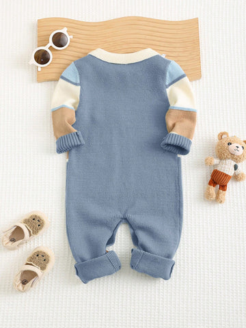 Colorblock Cartoon Pattern Polo Collar Long Sleeve Romper Jumpsuit