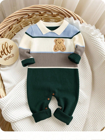 Colorblock Cartoon Pattern Polo Collar Long Sleeve Romper Jumpsuit