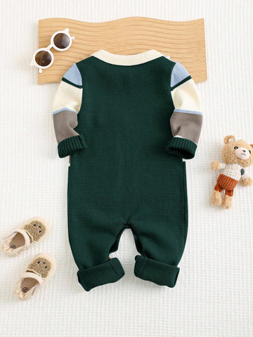 Colorblock Cartoon Pattern Polo Collar Long Sleeve Romper Jumpsuit