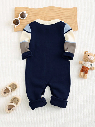 Colorblock Cartoon Pattern Polo Collar Long Sleeve Romper Jumpsuit