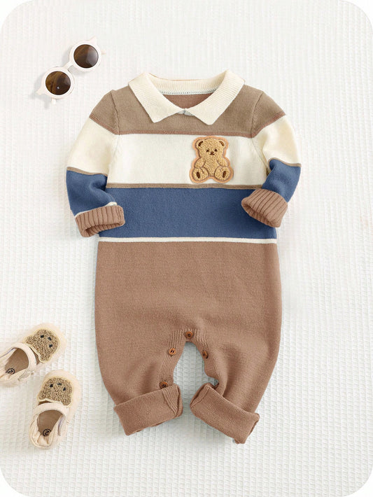 Colorblock Cartoon Pattern Polo Collar Long Sleeve Romper Jumpsuit