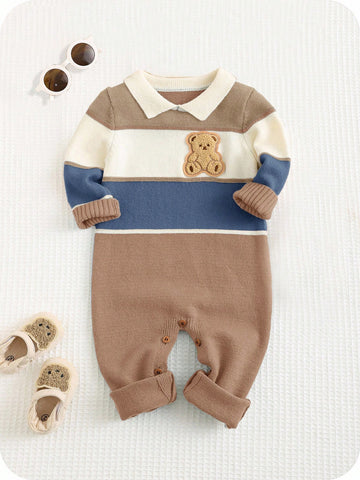 Colorblock Cartoon Pattern Polo Collar Long Sleeve Romper Jumpsuit