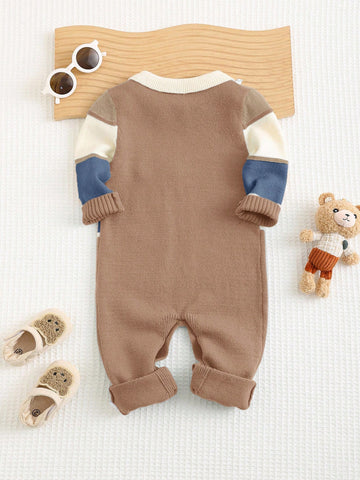 Colorblock Cartoon Pattern Polo Collar Long Sleeve Romper Jumpsuit