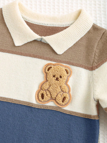 Colorblock Cartoon Pattern Polo Collar Long Sleeve Romper Jumpsuit