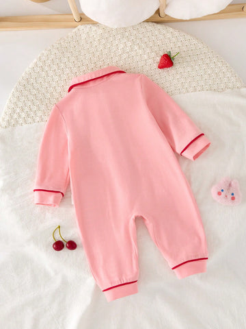 Cozy Pixies Newborn Baby Girl Contrast Binding Button Front Pajama Jumpsuit