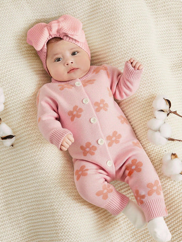 Newborn Baby Girls Cute Heart Pattern Pink Long Sleeve Jumpsuit