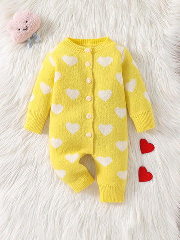 Newborn Baby Girls Cute Heart Pattern Pink Long Sleeve Jumpsuit