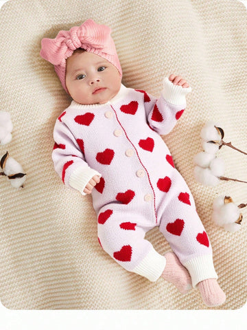 Newborn Baby Girls Cute Heart Pattern Pink Long Sleeve Jumpsuit