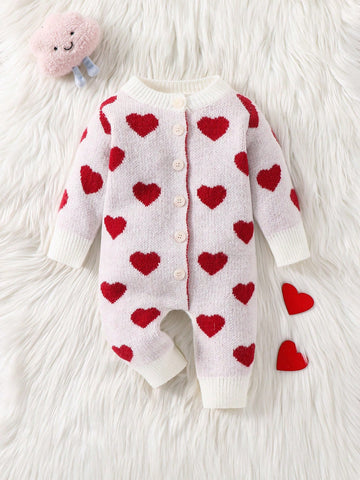 Newborn Baby Girls Cute Heart Pattern Pink Long Sleeve Jumpsuit