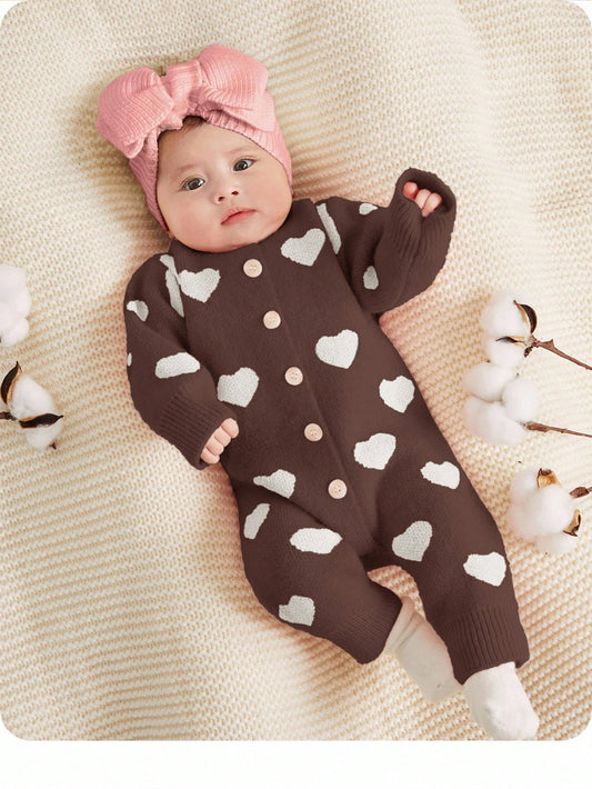 Newborn Baby Girls Cute Heart Pattern Pink Long Sleeve Jumpsuit